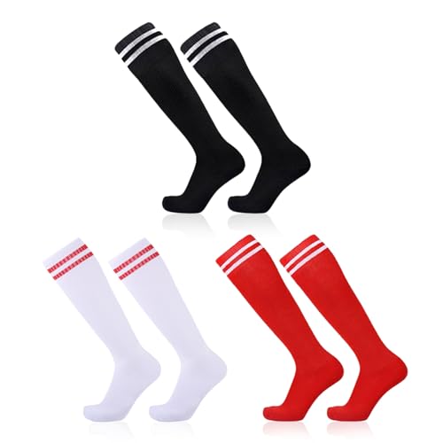 SKHAOVS 3 Pairs Kinder Lange Fussball Socken, Fußballsocken für Jungen Mädchen, Kniehohe Fußball Socken Rugby Basketball Socken, Lange Trainingssocken Sportsocken für 5–12 Jahren (White,Black,Red) von SKHAOVS