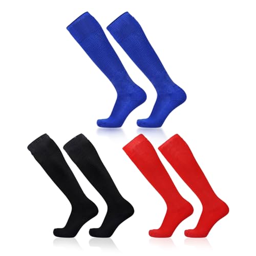 SKHAOVS 3 Pairs Kinder Lange Fußballsocken, Fußballsocken für Jungen Mädchen, Kniehohe Fußball Socken Rugby Basketball Socken, Elastische Sportsocken Trainingssocken für 5–12 Jahren (Red,Blue,Black) von SKHAOVS