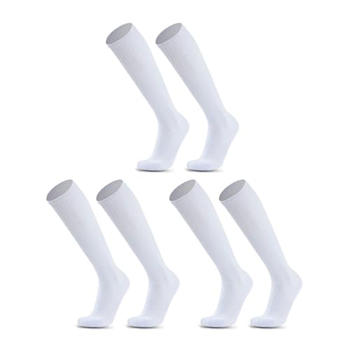 SKHAOVS 3 Pairs Kinder Weiß Lange Fußballsocken, Kniehohe Fußball Socken Rugby Basketball Socken, Atmungsaktive Elastische Sportsocken Trainingssocken für 5–12 Jahren, Jungen und Mädchen (White) von SKHAOVS