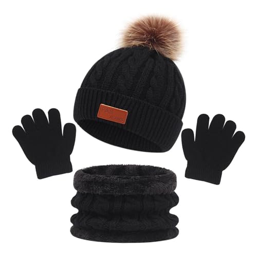 SKHAOVS 3 Stück Schwarz Warmes Winter Set für Kinder Mütze Schal Handschuhe Sets Winter Halswärmer Kinder Bommelmütze 3 in1 Fleece Wärme für Jungen Mädchen 1-5 Jahre von SKHAOVS