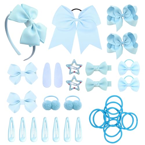 SKHAOVS 33 Stück Blau Schleife Haarschmuck Set - Elastische Haargummi, Stirnband, Schleifen Band für Mädchen - Mini Haarband Soft Kinder (Himmelblau) von SKHAOVS