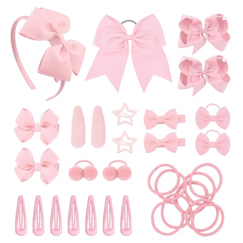 SKHAOVS 33 Stück Rosa Schleife Haarschmuck Set, Haargummis Mädchen Kleine Elastische Haargummi Stirnband Schleifen Band Kinder Mini Haarband Soft (Rosa) von SKHAOVS