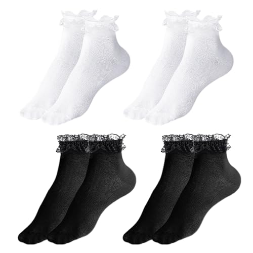 SKHAOVS 4 Paar Damen Rüschensocken Knöchelsocken Erwachsene, Rüschen Socken, Schwarz Weiß Rüschensocken Set, Ballettsocken, Kleidersocken, Sportsocken, Baumwollsocken für Frauen Mädchen (4 Paar) von SKHAOVS