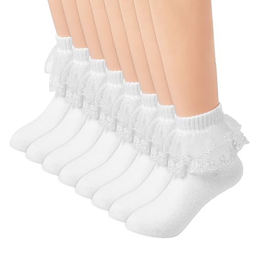 SKHAOVS 4 Paar Rüschen Socken Mädchen Spitzen, Mode Baumwoll Socken Elastisch Söckchen Rüschen Weiße Prinzessin Spitze Söckchen für 4-7 Jahre Mädchen Kleinkind (Weiß) von SKHAOVS