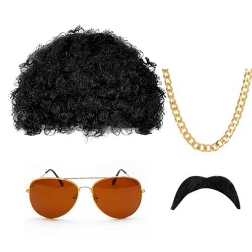 SKHAOVS 4 Stück Hippie Kostüm Set Damen Herren Afro Perücke Disco Hippie Kostüm Zubehör Set, Afro Perücke,70er 80er Jahre Outfit Perücke Herren Sonnenbrille Halskette Für Cosplay Halloween (4 Stück) von SKHAOVS