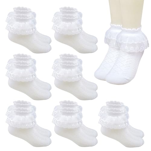 SKHAOVS 7 Paare Baby Mädchen Socken Säugling Spitze Schleife Socken Elastisch Söckchen Rüschen Spitze Taufe Socken Knöchel Kleid Socke für Kleinkinder Mädche (7 Paare) von SKHAOVS