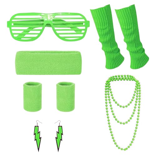 SKHAOVS 80er Jahre Accessoires Damen, 80er 90er Jahre Outfit Damen Grün, Stirnband, Beinstulpen, Halskette, Armband, Ohrring, Brille, für 80er Jahre Neon Kostüm Partys Karneval (Grün) von SKHAOVS