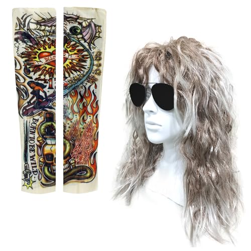 SKHAOVS 80er Rocker Perücke Weiß Herren Tattoo Ärmel 80er Jahre Vokuhila Perücke Rocker Punk Popstar Perücke Disco Punk Männlich Kostüm Für Fasching Karneval Motto Party Und Cosplay (Weiß) von SKHAOVS