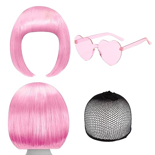 SKHAOVS Bob Perücke und Sonnenbrillen-Set Natürliche Weibliche Kurze Glatte Haare BOB Perücke Bunte Cosplay Perücke Haarteile für Bachelorette Kurze Neon-Bob-Perücke Fasching 80s Motto Party (Rosa) von SKHAOVS