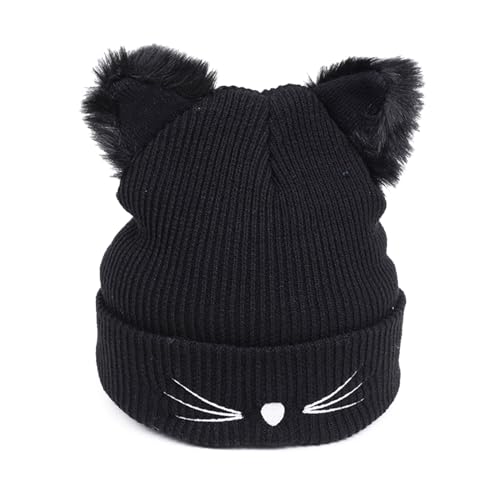 SKHAOVS Cat Beanie,Strickmütze Damen Slouch Beanie Mütze,Mütze mit Ohren,Katzenohren Beanie,Winter Warme Gestrickte Skimütze,Geschenke für Katzenliebhaber(Schwarz) von SKHAOVS