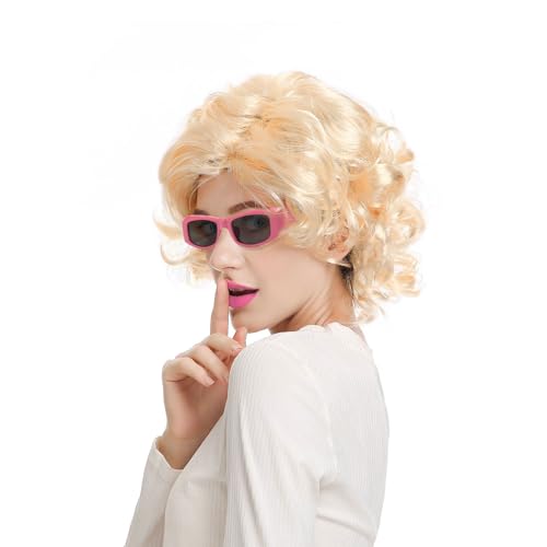 SKHAOVS Damen Blond Perücke Synthetische Kurz Lockig Perücken Halloween Karneval Cosplay Kostüme mit Pony Hellblond Alte Dame Perücke kurz gelockt Oma Perücke Halloween Perücke(Blond) von SKHAOVS