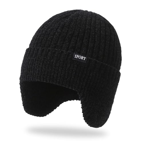 SKHAOVS Mütze mit Ohrenschutz, Winter Beanie Mütze für Herren Damen, Strickmütze, Thermo Mütze, Elastisch Weich Dickem Warmem Futter Sportmütze Skimütze für Herbst und Winter (Einheitsgröße, Schwarz) von SKHAOVS