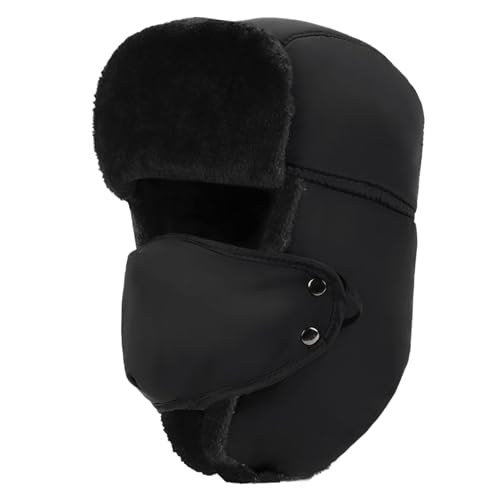 SKHAOVS Unisex Winter Warme Fliegermütze mit Kunstpelz Ohrenklappen,Winddichte und kältebeständige Mütze,mit winddichter Maske,Trapper Jagd Kappe für Skifahren Outdoor Aktivitäten(Schwarz) von SKHAOVS