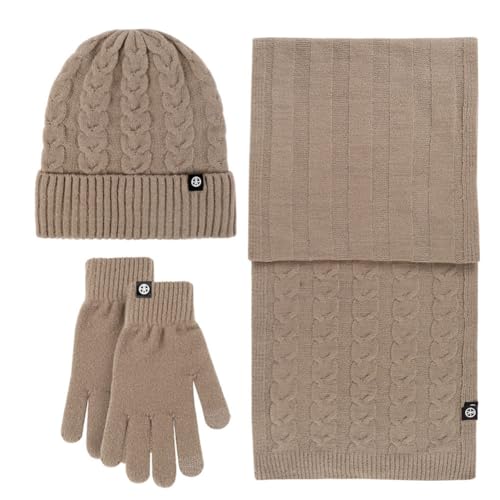 SKICEE Damen Winter Mütze Schal Touchscreen Handschuhe Set Thermo Strickmütze Beanie Wintermütze Schals Winterschal Winterhandschuhe Geschenk für Frauen (Khaki) von SKICEE