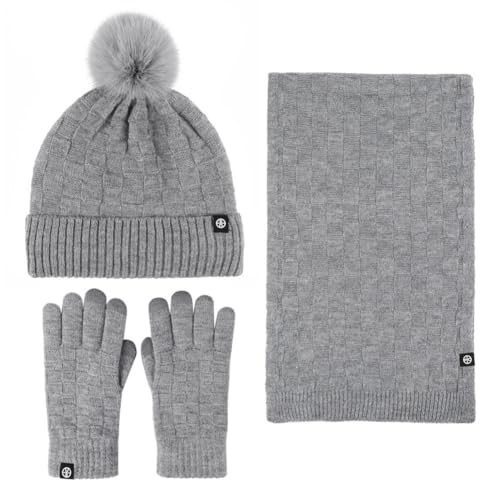 SKICEE Damen Winter Mütze Schal Touchscreen Handschuhe Set Thermo Strickmütze Beanie Wintermütze Schals Winterschal Winterhandschuhe Geschenk für Frauen (grau) von SKICEE