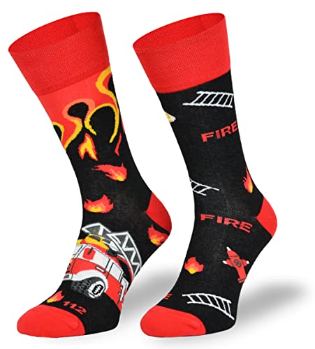 Autosiatki Bunte Interessante Socken - Lustige Seltsame Socken - Verrückte Ausgefallene Socken - Skurrile Socken für Erwachsene - Baumwolle - für Frauen Männer - Feuerwehr - 43-46 von SKIETY