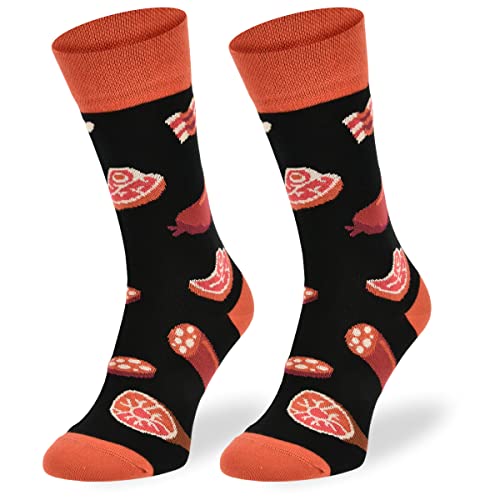 Autosiatki Bunte Interessante Socken - Lustige Seltsame Socken - Verrückte Ausgefallene Socken - Skurrile Socken für Erwachsene - Baumwolle - für Frauen Männer - Fleischfresser, Salami - 39-42 von SKIETY