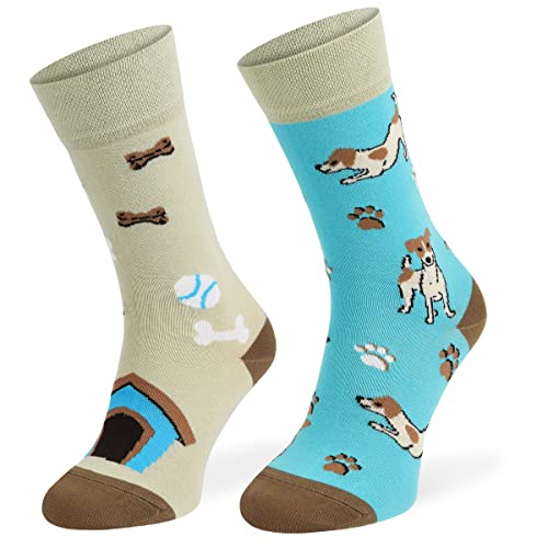 Autosiatki Bunte Interessante Socken - Lustige Seltsame Socken - Verrückte Ausgefallene Socken - Skurrile Socken für Erwachsene - Baumwolle - für Frauen Männer - Jack Russel Hund - 35-38 von SKIETY