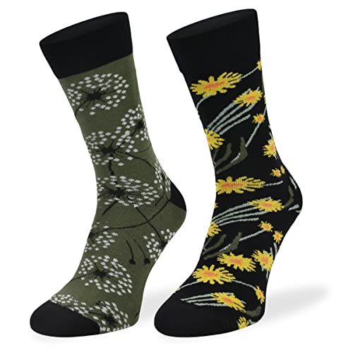 SKIETY Ungleiche Bunte Lustige Socken – Lustige Schrullige Helle Socken – Verrückte Socken - Ausgefallene Socken für Erwachsene - 70% Baumwolle - für Männer – Löwenzahn – 39-42 von SKIETY