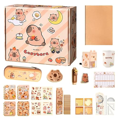 SKIKHN Capybara Schreibwaren Set, Capybara Schreibset Koffer, Capybara Mäppchen mit Stifte Radiergummi Sticker Clips Linealen für Schule Büro, Geschenkideen Zum Geburtstag und Partys von SKIKHN
