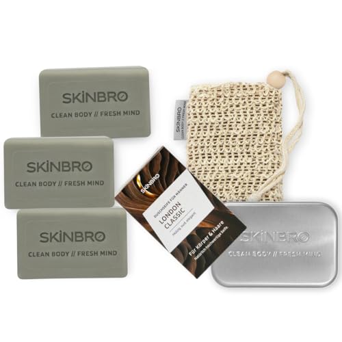 SKINBRO® Duschset Männer London Classic – 3x feste Duschseife (je 100g), elegant & holzig mit Oud, inkl. Sisalsäckchen & Alu-Seifendose – Silikonfrei, vegan & nachhaltig – Made in Germany von SKINBRO