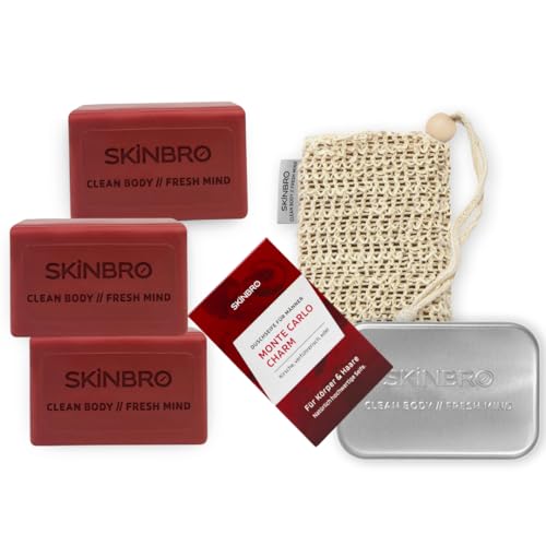SKINBRO® Duschset Männer Monte Carlo Charm – 3x feste Duschseife (je 100g), verführerisch & edel, inkl. Sisalsäckchen & Alu-Seifendose – Silikonfrei, vegan & nachhaltig – Made in Germany von SKINBRO