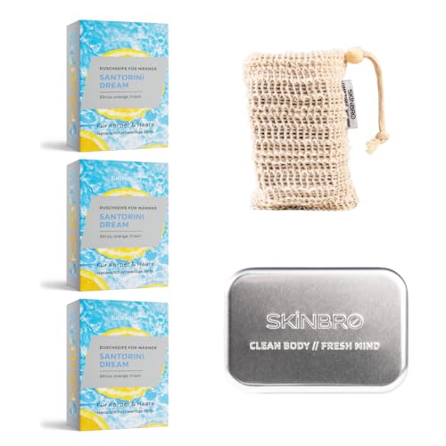 SKINBRO® Duschset Männer Santorini Dream – 3x Feste Duschseife (je 100g) – Inkl. Sisalsäckchen & Aluminium Seifendose – Zitrus & Frisch – Vegane & Nachhaltige Duschseife für Haar, Gesicht & Körper von SKINBRO