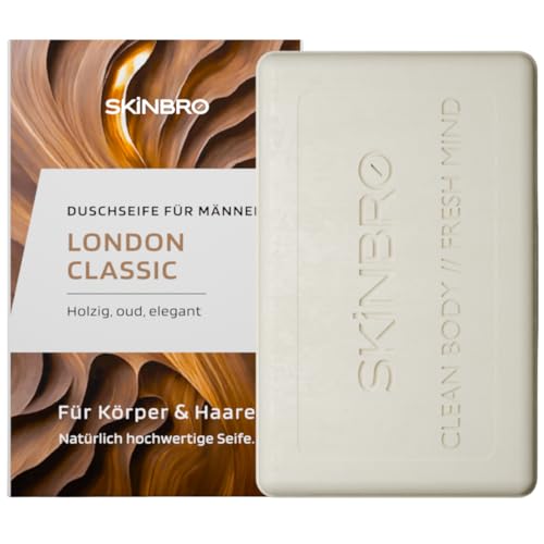SKINBRO Festes Duschgel Männer London Classic - Duschseife Männer Elegant & Holzig, Oud - Made in Germany, Shampoo Herren Vegan & Nachhaltig - Silikonfrei, Seife Stück, feste Seife, Naturseife 100g von SKINBRO