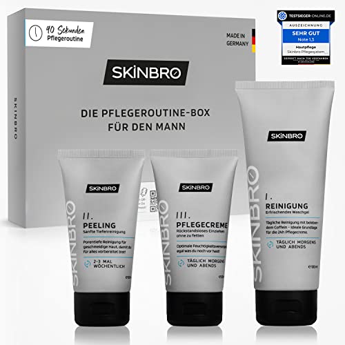 SKINBRO Gesichtspflege Männer Set | Made in Germany | 3er Skincare Pflegeset Herren - Reinigung, Peeling und Gesichtscreme Coffein Vegan | Ideales Geschenkset Männer | Cleanser, Care & Moisturizer von SKINBRO