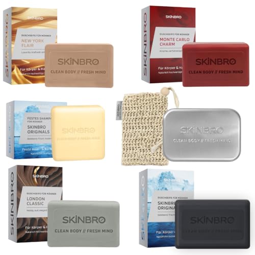 SKINBRO Probierset Männer – 4 festen Duschseifen & festen Shampoo, Aufbewahrungsbox & Sisalsäckchen – Vegan & Nachhaltig, – Perfektes Geschenkset für Männer - Nachhaltige Duschseife für Haar & Körper SKINBRO Probierset Männer – 4 festen Duschseifen & festen Shampoo, Aufbewahrungsbox & Sisalsäckchen – Vegan & Nachhaltig, – Perfektes Geschenkset für Männer - Nachhaltige Duschseife für Haar & Körper von SKINBRO