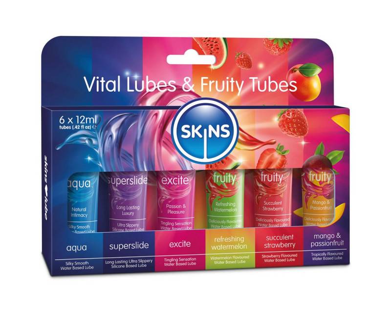 SKINS Condoms Gleitgel Vital & Fruity Tubes, 6 Tuben mit je 12ml, 6-tlg., verschiedene Sorten Gleitgel im Sortiment von SKINS Condoms