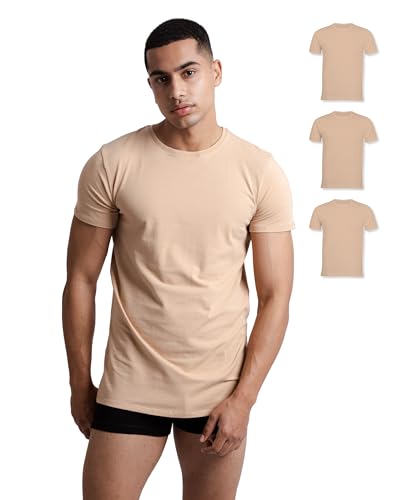SKIPPER 3er Pack Herren T-Shirt Rundhals I Stretch I Basic Shirt in Beige I Unterziehshirt aus 95% Baumwolle & 5% Elasthan I Business Unterhemd Herren I Oeko-TEX Zertifiziert I Größe S von SKIPPER