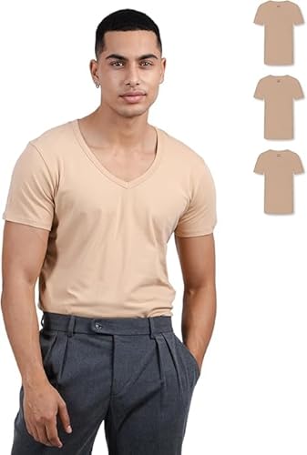 SKIPPER 3er Pack Herren T-Shirt mit V-Ausschnitt I Stretch I Basic Shirt in Beige I Unterziehshirt aus 95% Baumwolle & 5% Elasthan I Unterhemd Herren I Oeko-TEX Zertifiziert I Größe M von SKIPPER