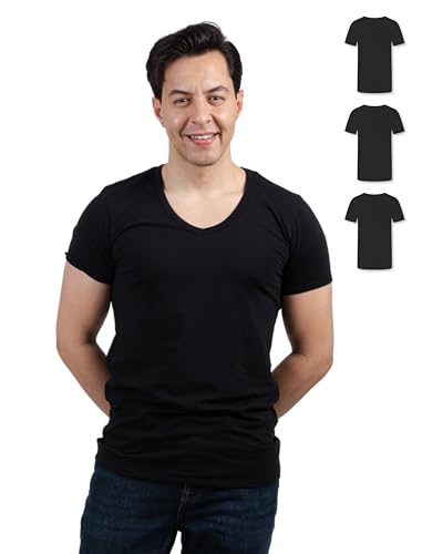 SKIPPER 3er Pack Herren T-Shirt mit tiefem V-Ausschnitt I Stretch Basic T-Shirts in Schwarz I Unterziehshirt aus 95% Baumwolle & 5% Elasthan Business Unterhemd Herren I Oeko-TEX Zertifiziert I M von SKIPPER