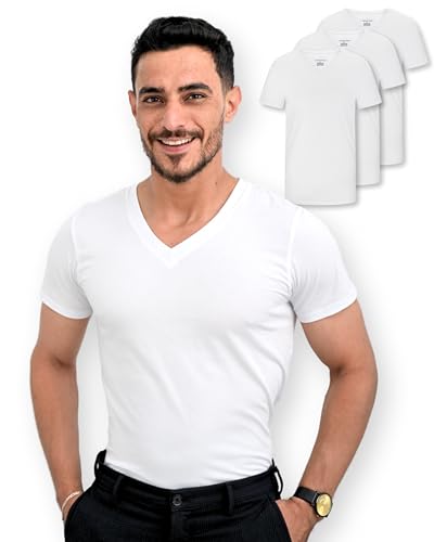 SKIPPER 3er Pack Herren T-Shirt mit V-Ausschnitt I Basic T-Shirts in Weiß I Unterziehshirt aus 100% Baumwolle I Kurzarm Business Unterhemd Herren I Oeko-TEX Zertifiziert I Größe L von SKIPPER