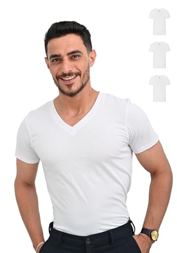 SKIPPER Herren T-Shirt 3er Pack V-Ausschnitt Business Unterhemd aus Baumwolle - Kurzarm Unterziehshirt Männer (M, Regular, Weiß) von SKIPPER