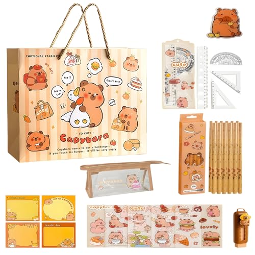 Capybara Schreibwaren Set, Capybara Federmäppchen mit Bleistifte, Clips, Linealen, Aufkleber, Radiergummi und Mehr, Süßes Schreibwaren Geschenkset für Schüler, Lehrer, Geschenkidee zum Schulbeginn von SKIPTHYBER