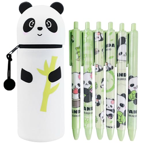 SKIPTHYBER Cartoon Federmäppchen 2 in 1 Weiche Silikontasche Federmäppchen 6PCS Radierbarer Kugelschreiber Panda Löschbarer Stift 0.5mm Erasable Pen Set Für Studenten, Schreibwaren, Büro von SKIPTHYBER
