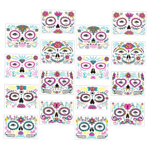 SKISUNO 16 Blatt Fluoreszierende Gesichtstattoos Leuchtende Day Of The Dead Halloween Fasching Party Körperkunst Sticker Wiederverwendbar Hautfreundlich für Erwachsene von SKISUNO
