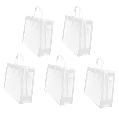 SKISUNO 5 Stück Wiederverwendbare Einkaufstaschen Mittlere Tragetaschen mit Griffen Weiße Nicht Gewebte Geschenktüten für Lebensmittel Verpackung und für Veranstaltungen von SKISUNO
