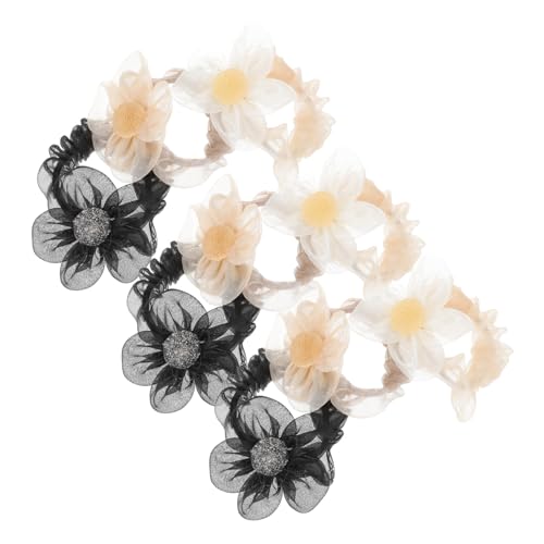 SKISUNO 9 Stck Teiliges Haargummi Blumenmotiv Elastische Haarschleifen für Damen Weiche Ponytail halter in Champagner Schwarz und Weiß Schonend und Modisch für Alltag und Besondere von SKISUNO