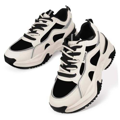 SKISUNO Damen Ledersneaker Sportschuhe Atmungsaktiv Komfortabel Strapazierfähig Vielseitig Für Alltag Fitness Wandern Campingschuhe Schwarz von SKISUNO