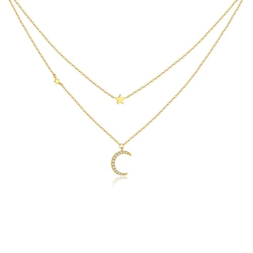 SKJUBLPG 925 Stern Mond lange Kette Halskette Damen doppelt stapelbar Anhänger Luxus Schmuck, Einstellbar, Kristall von SKJUBLPG