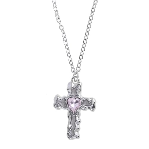 SKJUBLPG Halskette mit Kreuz-Anhänger, Gothic-/Punk-Stil, Schwarz / Rosa, Herzform, für Damen und Herren, Schmuckzubehör, Einstellbar, Kristall von SKJUBLPG