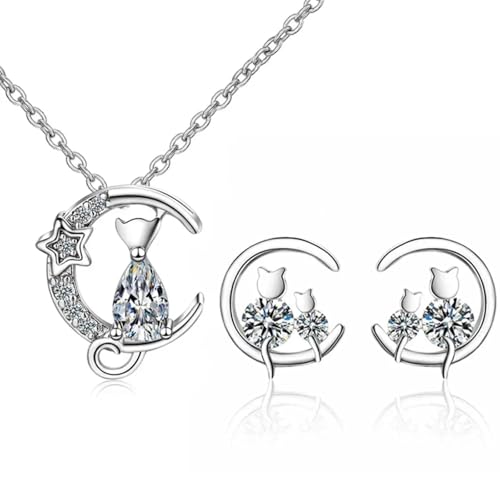 SKJUBLPG Mond-Katzen-Ohrringe, Halskette, Damen, 925, modisch, elegant, Party, exquisites Schmuck-Set von SKJUBLPG