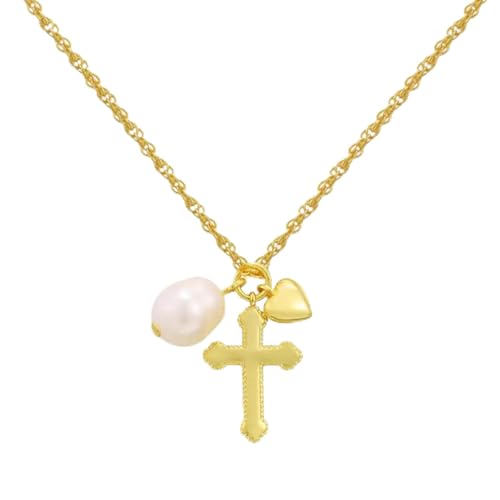 SKJUBLPG Perlenkreuz-Anhänger, Halskette für Damen und Mädchen, herzförmige Kette, Modeschmuck, Einstellbar, Kristall von SKJUBLPG
