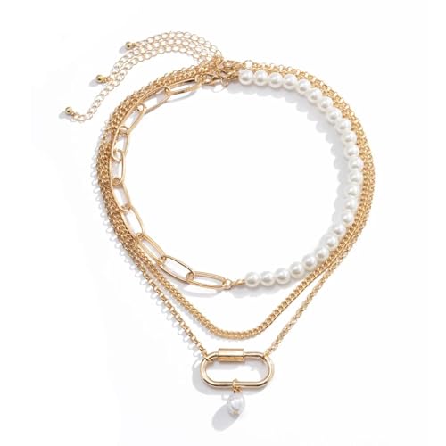 SKJUBLPG Schlichte Büroklammer-Perlen-Halskette für Damen, asymmetrisch, mehrschichtig, Choker-Schmuck, Einstellbar, Kristall von SKJUBLPG