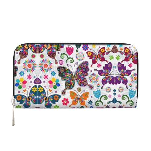 Damen-Geldbörse mit Blumenmuster und Schmetterlings-Aufdruck, geräumig, trendig, Leder, für Freizeit und Reisen, Schwarz, Einheitsgröße, Kunst von SKKNT