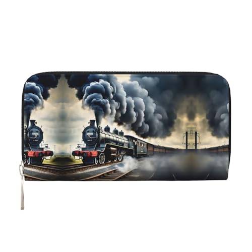 Damen-Geldbörse mit Dampfzug und Wolken-Aufdruck, geräumig, trendig, Leder, für Freizeit und Reisen, Schwarz, Einheitsgröße, Kunst von SKKNT