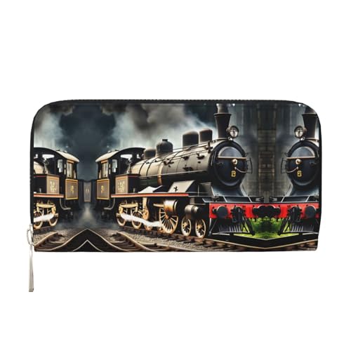 Dampflokomotive Zug-Druck, geräumige, trendige Leder-Handbrieftasche, Damen-Geldbörse, Clutch für Freizeit und Reisen, Schwarz, Einheitsgröße, Kunst von SKKNT